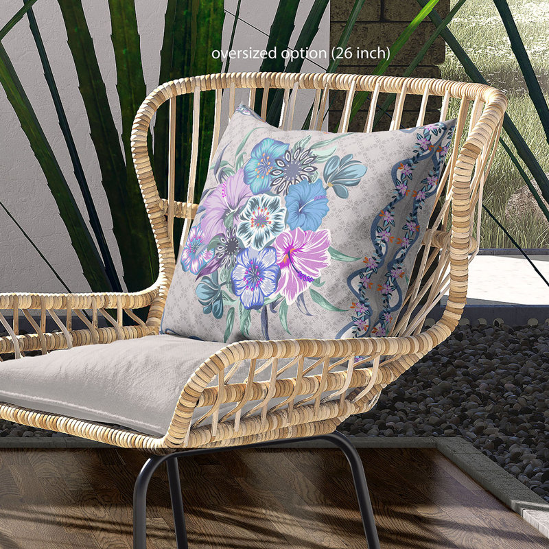Floral Outdoor Reversible Throw Pillow, 20" x 20", Beige/Blue/Gray
