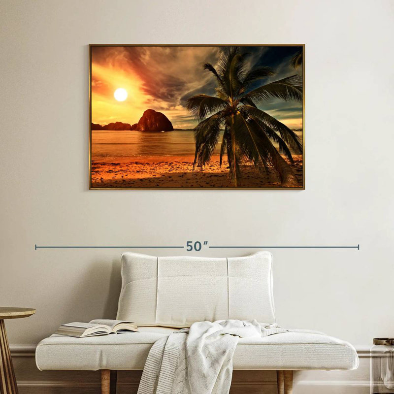 Coucher de soleil sur la plage chaude, Cadre flottant doré, 40 po x 27 po