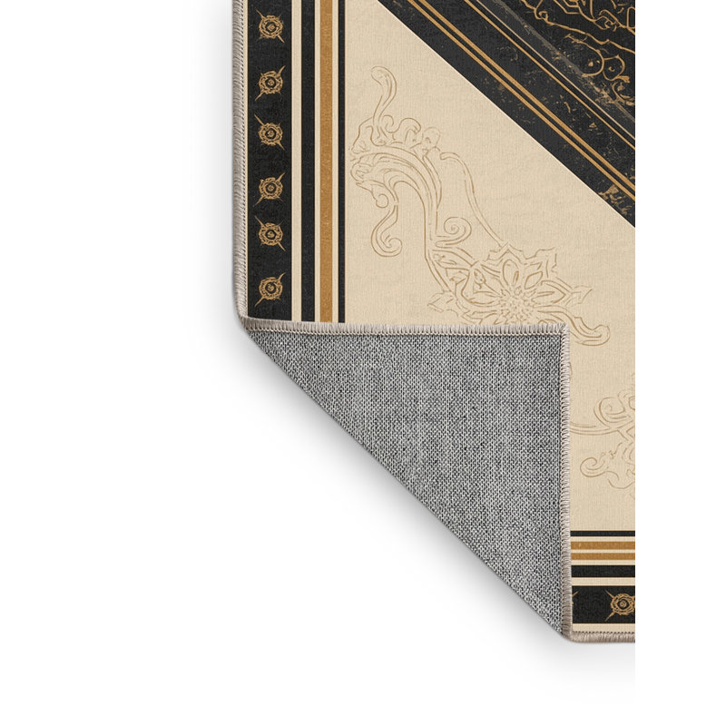 Tapis oriental classique lavable à la machine en beige - Reliure beige, 5 x 7
