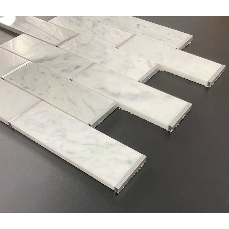 2" x 6" Marble Mosaic Pattern Wall & Floor Tile, White Carrara/Silver