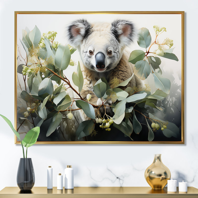 Aquarelle, Koala, arbre, observateur 3, art mural Koala, Cadre flottant doré, H 12 po x l 20 po x P 1 po