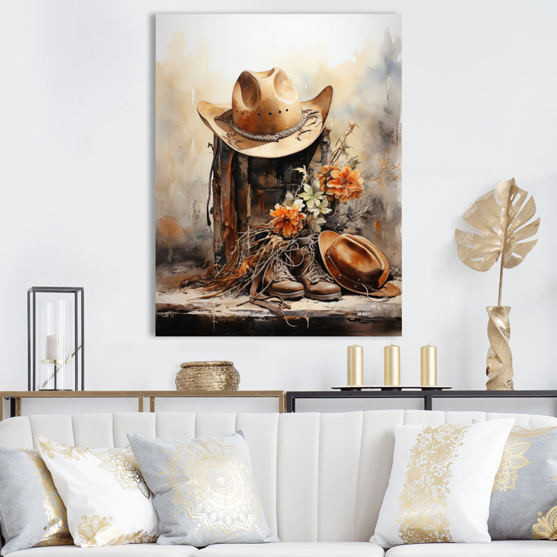 Yerly minimalisme, chapeau de cowboy et botte II - Cowboys, art mural, H 32 po x l 24 po x P 1 po, Toile tendue