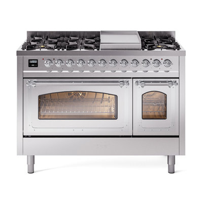 ILVE Nostalgie II Series Noblesse 48 inch Dual Fuel Range with 8 Sealed Burners, Griddle (Glass Door)