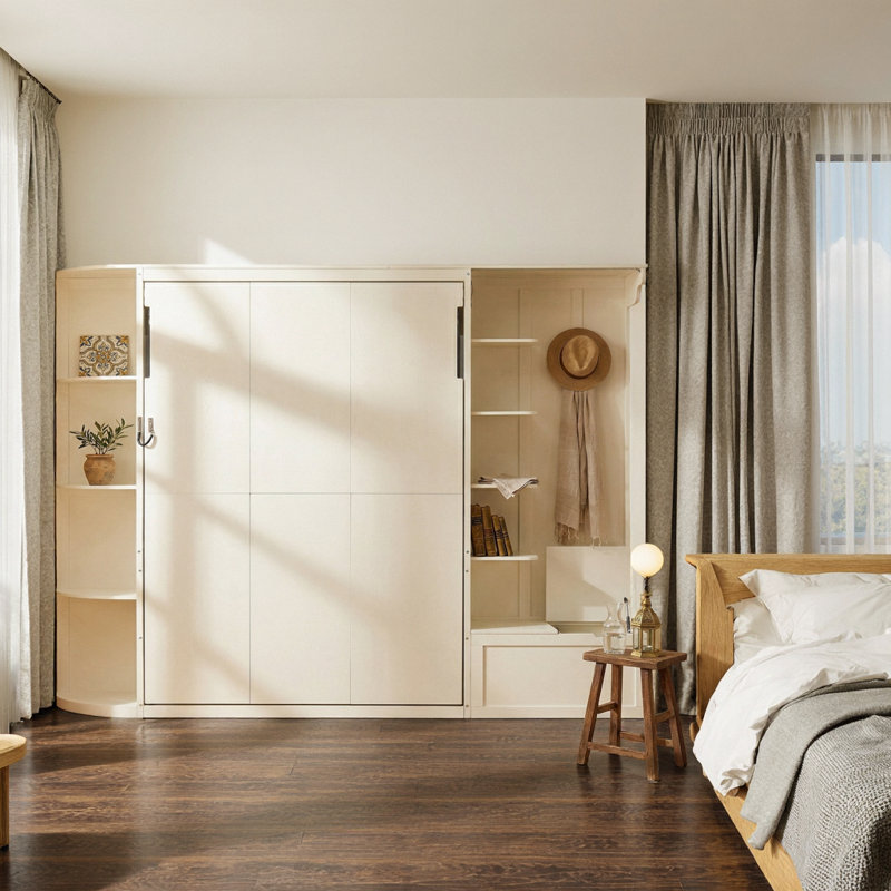 Grand lit escamotable avec rangement et lumières, tablettes intégrées, lit mural peu encombrant, White