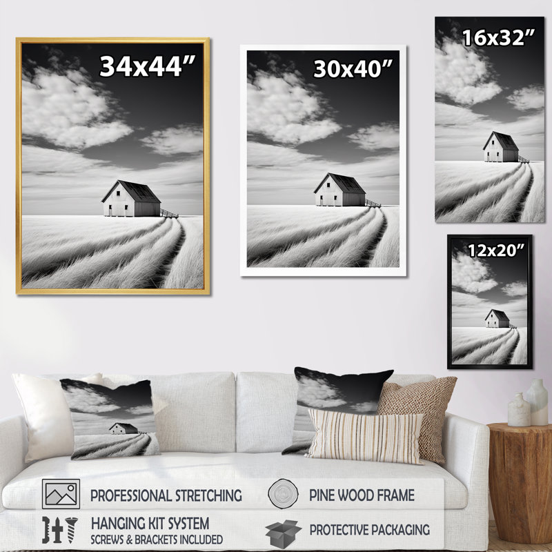 «Black and White Barn Minimalisme Country Charm I», reproduction sur toile, H 40 po x l 30 po x P 1,5 po, Cadre photo blanc