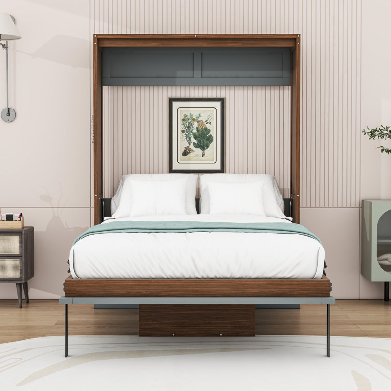 Full Wood Murphy Bed with Foldable Desk, Walnut/Grey