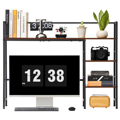 Étagère de bureau à 4 niveaux avec structure en métal et étagères en bois, organisateur de rangement de comptoir avec pieds antidérapants, idéal pour les bureaux d'ordinateur dans les dortoirs, les maisons et les bureaux.