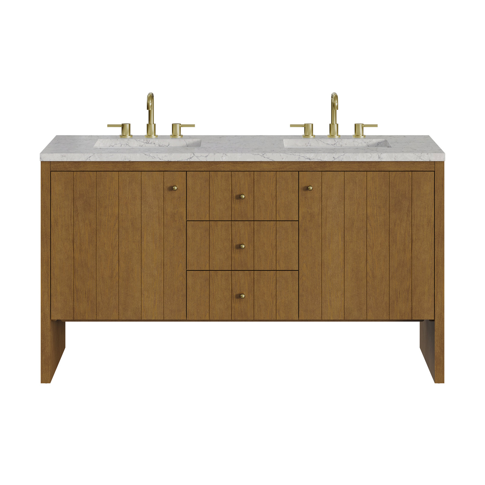 Hudson 60" Double Vanity, FreePower Wireless Charger, Eternal Jasmine Pearl, Honey Oak