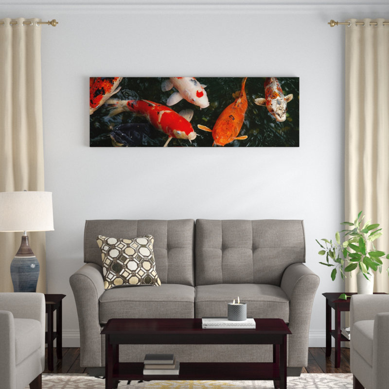 Koi Carp in Japon - Reproduction de photo panoramique non encadrée sur toile, H 16 po x l 48 po x P 1,5 po, Toile tendue