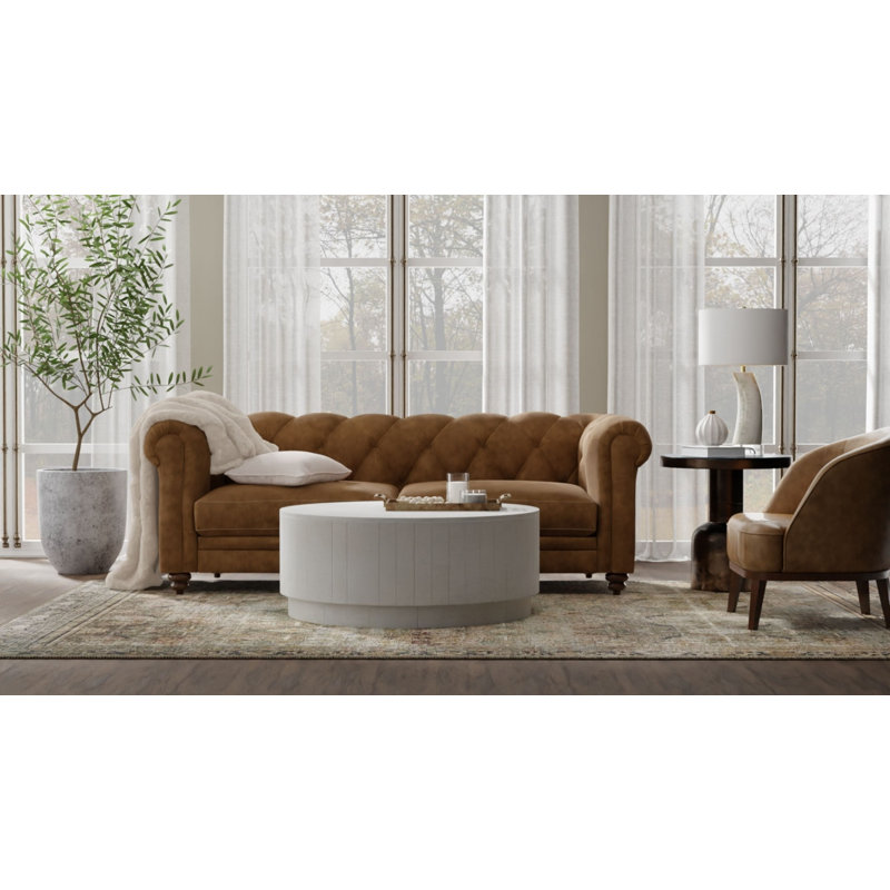 Rustic Gray 42" Round Coffee Table with Sculptural Cylindrical Design, White Wash