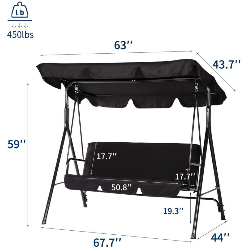 3 Person Porch Swing with Canopy, Black