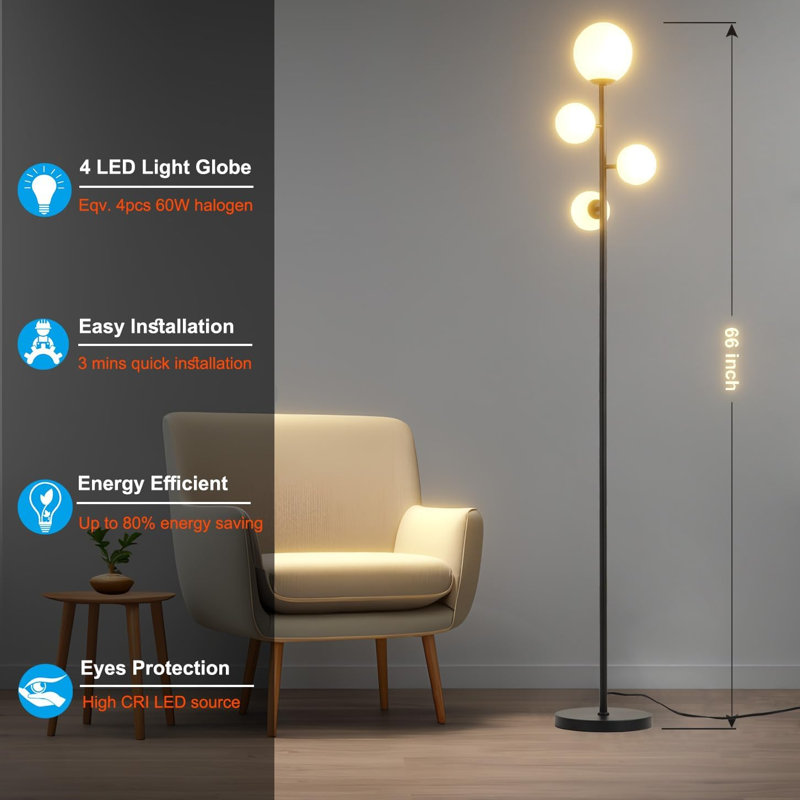 64.02'' Black LED Tree Floor Lamp, Black