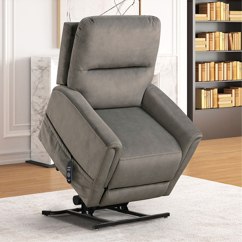 Fauteuil relevable de style contemporain avec mécanisme en acier massif, port USB, bras évasés, manette filaire, finition grise, salon principal