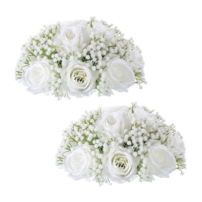 2 Pcs Artificial Rose Flowers Balls, Wedding Centerpieces Rose Babys Breath Artificial Flowers Center Pieces Decoration For Table Centerpieces Silk Kissing Floral Bouquet Arrangements For Wedding Event Home Party DIY Decor Tables Decorations