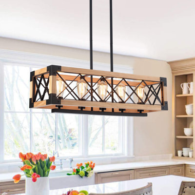 Industrial Style 31.5" Wide 5-Light Wooden Chandelier, Kitchen Island Pendant With Adjustable Hanging Rods, Classic Semi Flush Mount Chandelier for Dining Rooms, Living Rooms