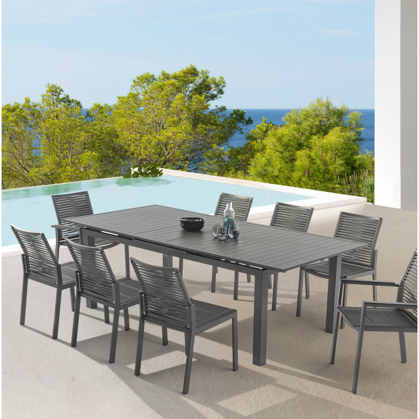 Basurto Extendable Aluminum Dining Table, Dark Gray