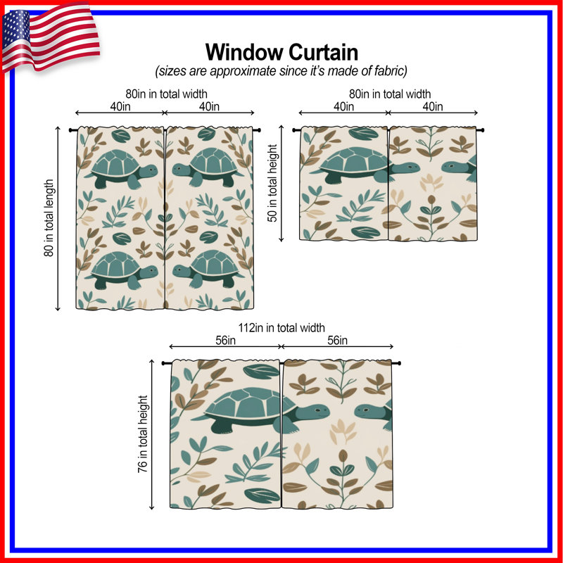 Rideaux de fenêtre à motif de tortue et de feuillage, 40 po x 50 po - 2 panneaux, Transparent
