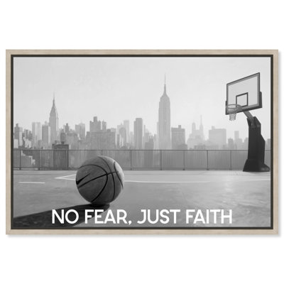 «No Fear Just Faith Basketball», reproduction d'art sur toile par Art Remedy, cadre en chêne naturel, 54 x 36