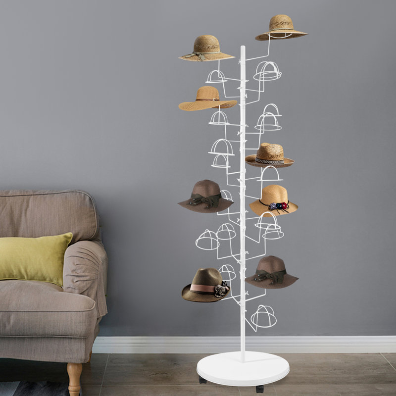 Organisateur de chapeaux vertical moderne à 25 crochets avec roulettes, manteau en acier au carbone robuste et arbre d'entrée