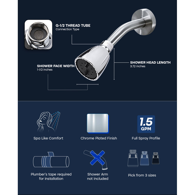 Shower Head Adjustable Spray Settings Chrome Plated Fixed Showerhead, 2.5" Face