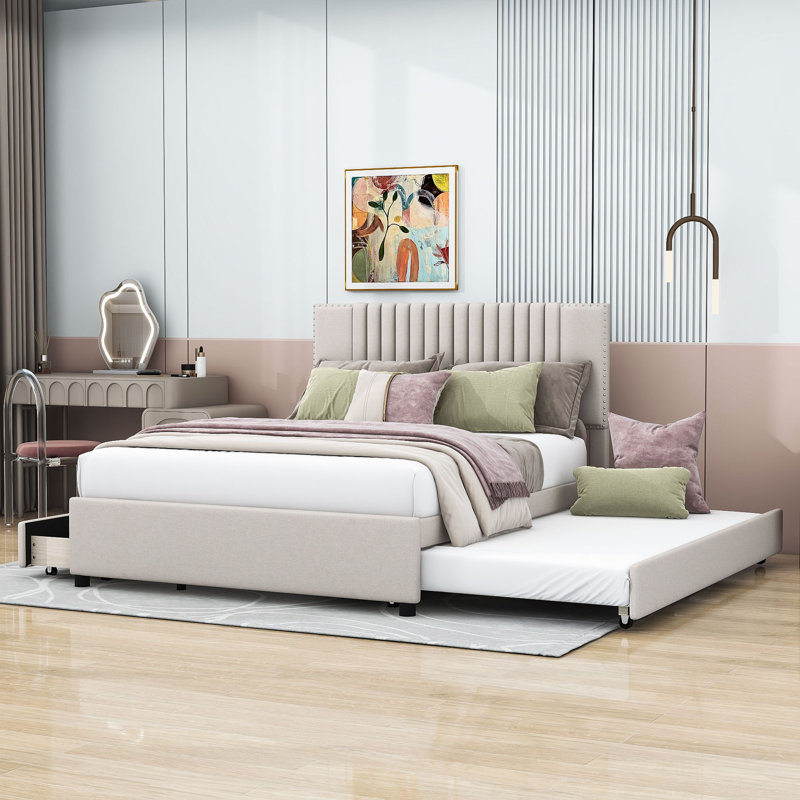 Lit plateforme avec rangement Lafonya, Double, Beige