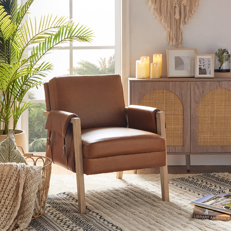 Arhiana 26.8'' Wide Faux Leather Armchair with Solid Wood Legs, Camel Pebbled Faux Leather