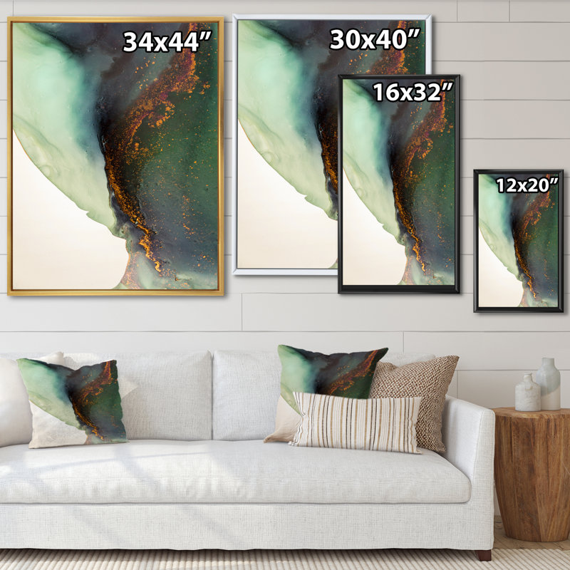 Peinture marbrée verte et dorée - décoration murale moderne en toile, L 24 po x H 36 po x P 1 po, Toile à cadre flottant doré
