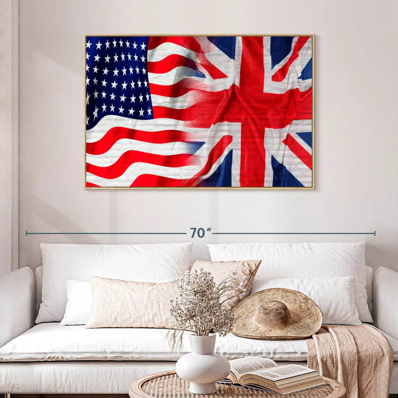 Drapeau américain et britannique, Cadre flottant en bois naturel, 46 po x 31 po