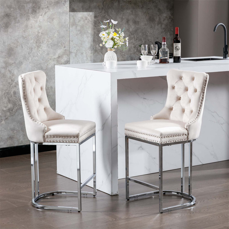 Jermon Upholstered Counter Stool with Metal Frame, Beige