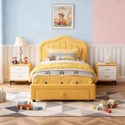 LED Upholstered Twin Bed Frame with Storage Drawer, Velvet Headboard, Wood Slat Support, No Box Spring Needed