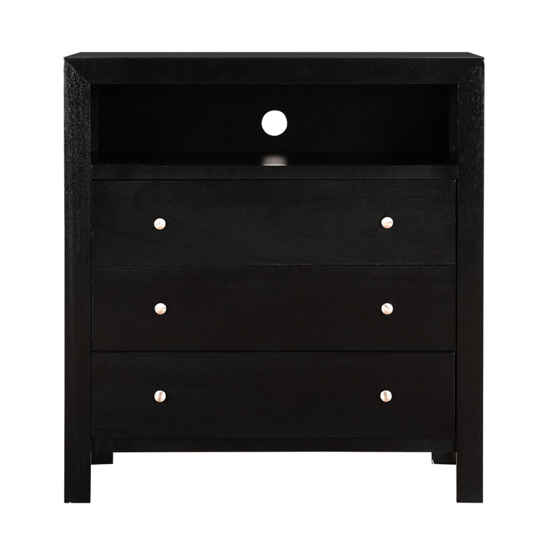 Commode de chambre G2450 en bois manufacturé noir avec tiroirs, panneau de particules et placage massif