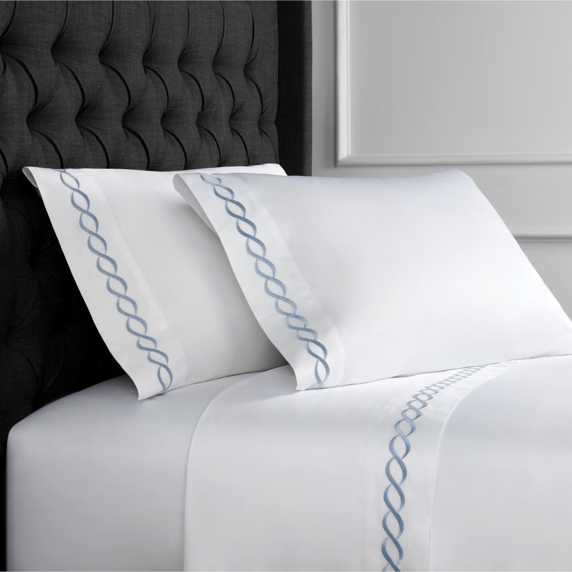 Barden Sateen Sheet Set, California King Sheet Set with 2 Pillowcases, Blue/White