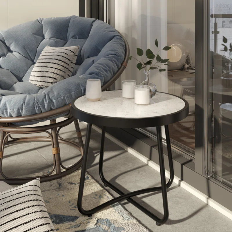 Ebern Round Outdoor Side Table, Creamy White/Black