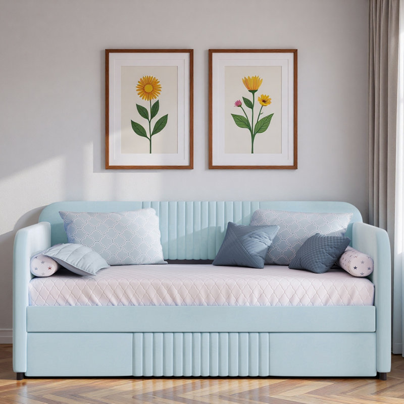 Upholstered Daybed With Trundle And Wood Slat, Light Blue