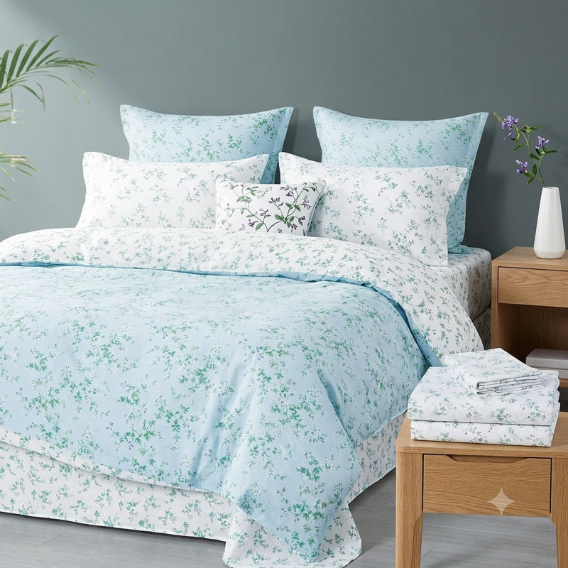 Ensemble de couette réversible 7 pièces en coton naturel Brooklyn Blue Floral, taille King, Très grand lit