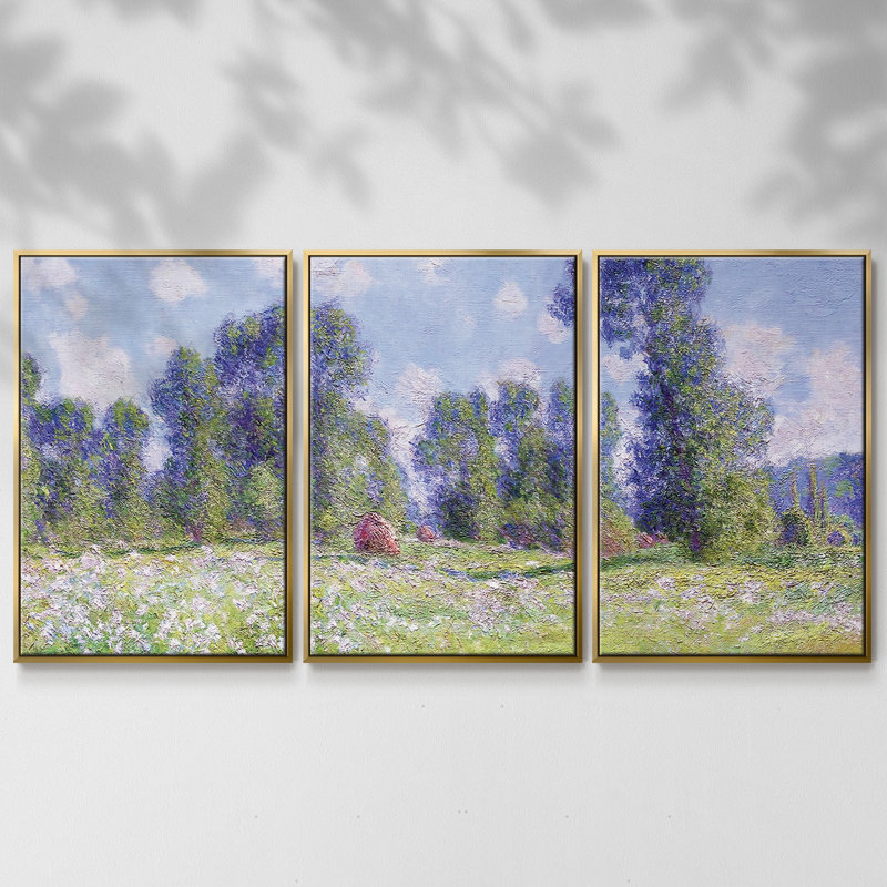 Meadow In Giverny, Spring Effect, 1890, reproduction d'art encadrée sur toile 3 pièces, H 40 po x l 78 po x P 2 po, Or