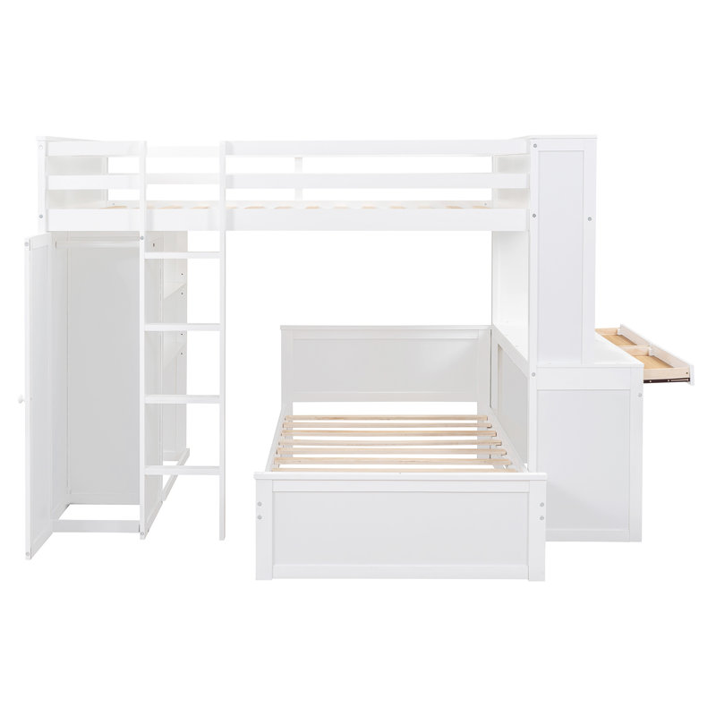 Twin size Loft Bed with a Stand-alone bed, Shelves,Desk,and Wardrobe, White, Twin Over Full