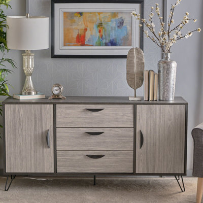 Armoire de rangement multifonctionnelle grise - deux armoires et trois tiroirs en chêne avec pieds en épingle à cheveux x P 15,91 po x H 29,39 po x l 60,5 po