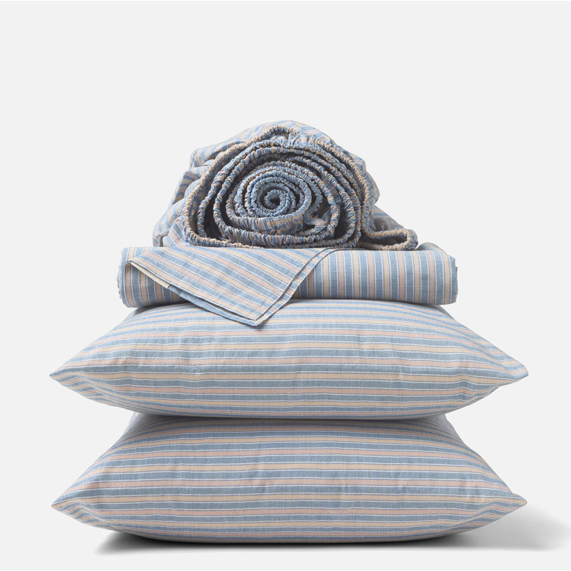 Ensemble de draps en percale organique froissé, Ensemble de draps très grand californien avec 2 t, Indigo / rayé