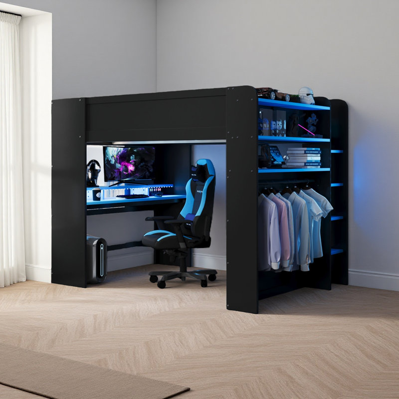 Lit double superposé en bois pleine grandeur avec bureau à hauteur réglable, garde-robe, grand espace de rangement et lumière RVB