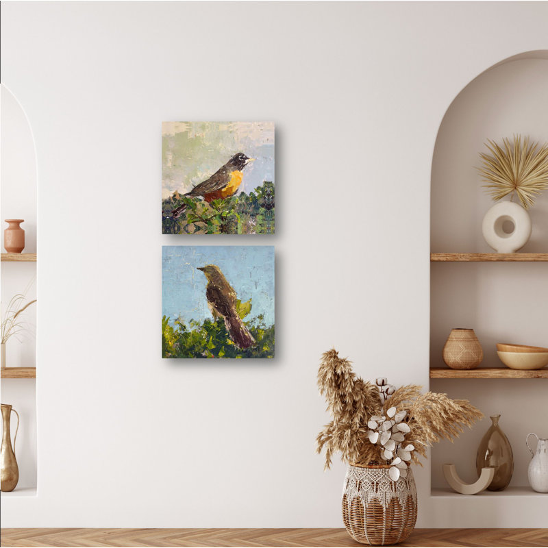 Bird Set by John Beard - Artist Enhanced Canvas Print, 20" H x 20" W x 3" D, Brown Floater Framed
