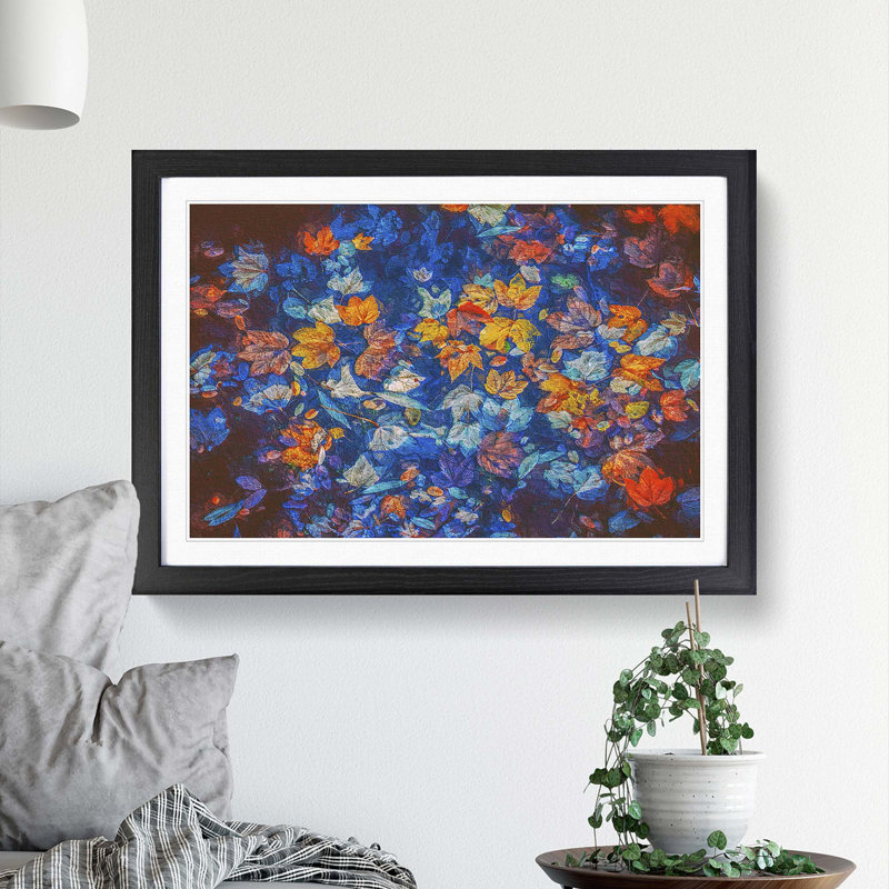 Multi Coloured Autumn Leaves in Abstract - Picture Frame Painting Print, 48cm H x 65cm W x 2cm D, Black Framed