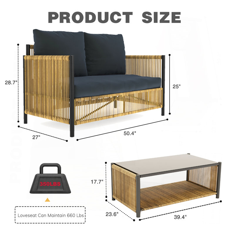 Ensemble de canapé d'extérieur en osier brun 2 places avec coussin gris et table New Comming