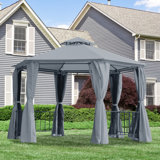 Outsunny 13Ft Hexagon Gazebo Outdoor Canopy Shelter With Netting And Shaded Curtains Grey
