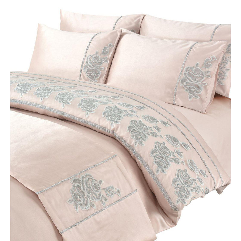 Amara Embroidered Duvet Cover Set With Pillowcases Bedding Set, Pink, King Duvet Cover +2 Standard Pillowcases