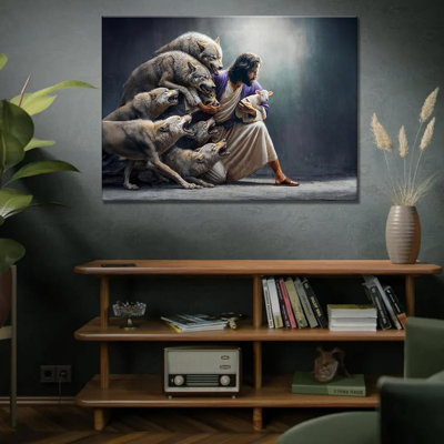 Jesus And Sheep Canvas Wall Art Christian Jesus Saves And Protects Lost Sheep Painting Picture Wall Decor Poster Print Artwork Bedroom Living Room Office Home Decoration