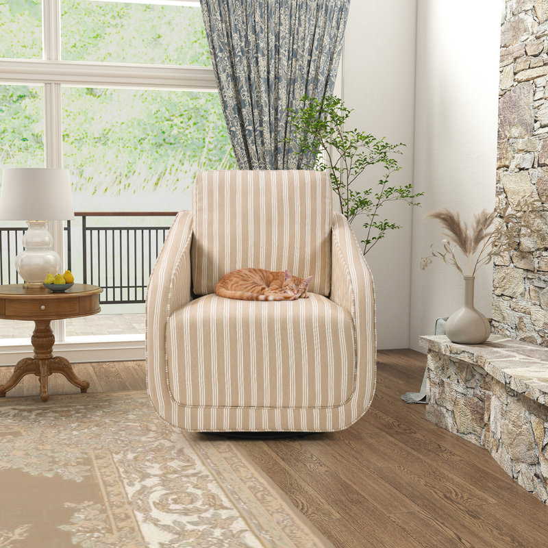 Fauteuil d'appoint pivotant contemporain rayé doux de 34,25 po de largeur, Blanc / Brun