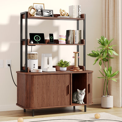 54" Hidden Litter Box Cabinet With Sliding Tambour Door, Built-In Shelves, Power Outlets & Coat Hooks For Entryway Or Living Room