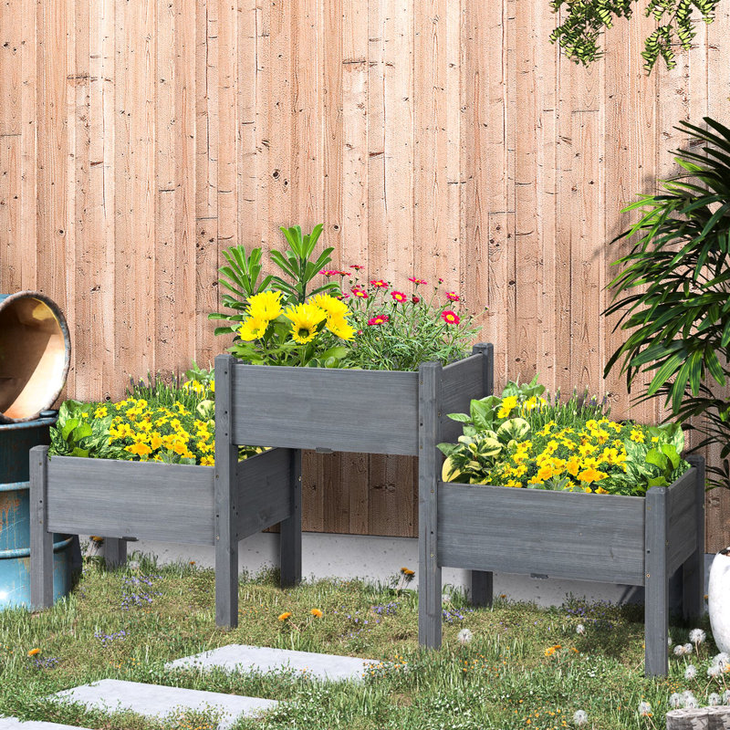 Lit de jardin surélevé avec drainage, 3 boîtes grises pour l'assemblage des légumes - croissance abondante en bois des légumes et des herbes