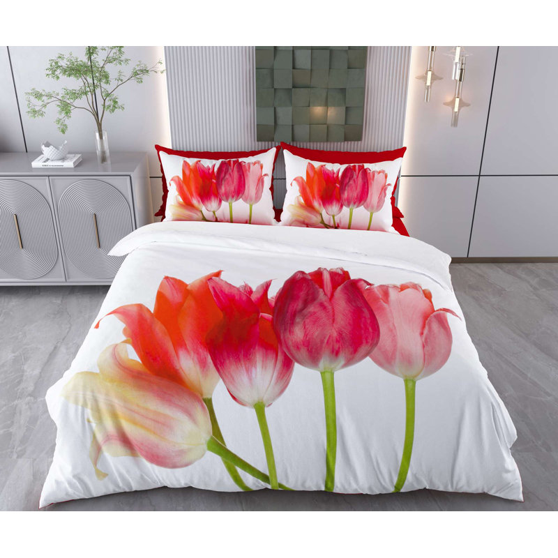 XXL Quilt Cover Set, 70% Cotton / 30% Polyester, White & Multi-Color (Red, Orange, Pink, Green), Duvet Cover 61 x 87, Pillowcase 31 x 31 | Machine Washable, 145 Thread Count, Button Closure, Stylish & Durable